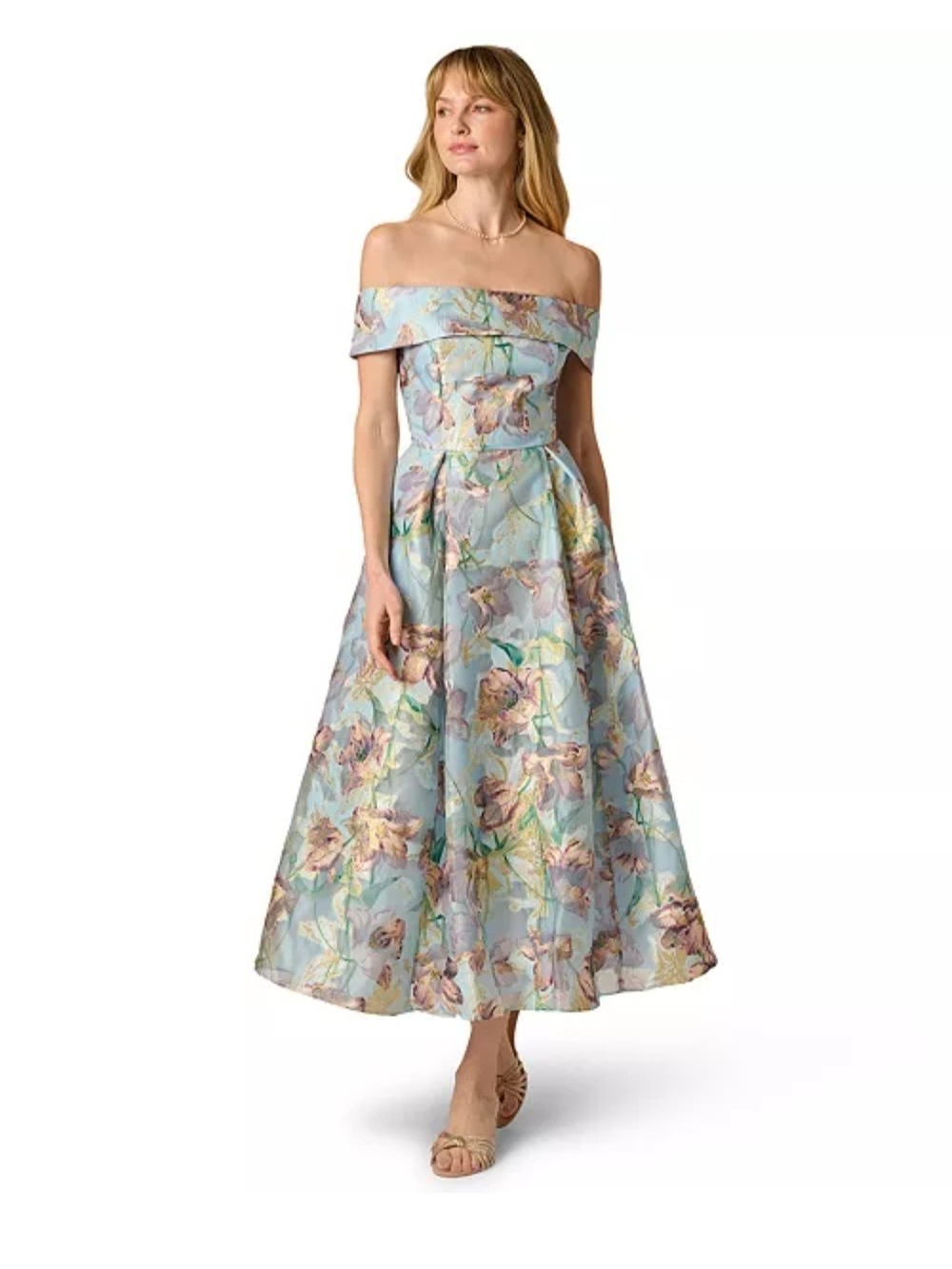Adrianna Papell NWT Off-the-Shoulder Floral Midi Dress in Light Blue